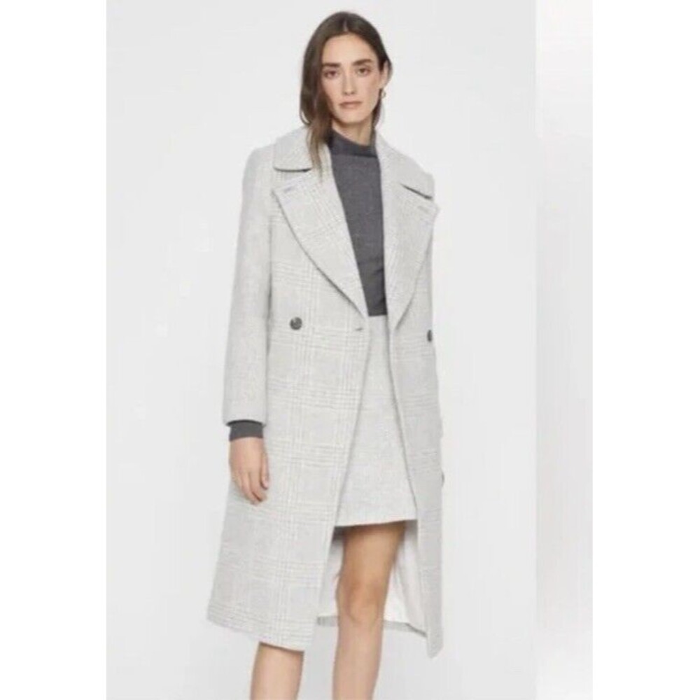 Club Monaco Daylina Gray Plaid Wool Long Pea Coat Classic Fall Chic Jacket Sz S
